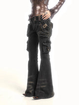 Black Dual-Button Low-Rise Cargo Pants | Women’s Grunge Flare Jeans