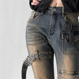 Women’s Low-Waist Cargo Flare Jeans | Y2K Vintage Distressed Belted Bootcut Pants