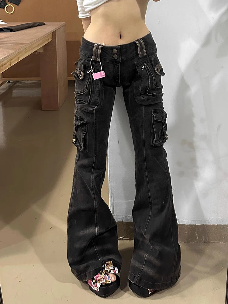 Black Dual-Button Low-Rise Cargo Pants | Women’s Grunge Flare Jeans