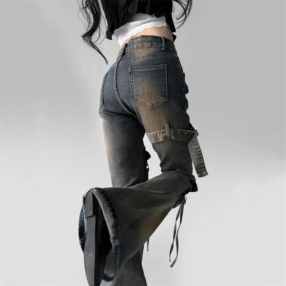 Women’s Low-Waist Cargo Flare Jeans | Y2K Vintage Distressed Belted Bootcut Pants