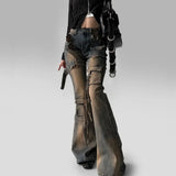 Women’s Low-Waist Cargo Flare Jeans | Y2K Vintage Distressed Belted Bootcut Pants
