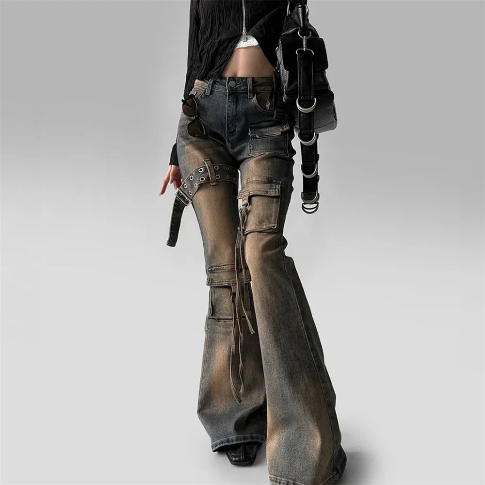 Women’s Low-Waist Cargo Flare Jeans | Y2K Vintage Distressed Belted Bootcut Pants