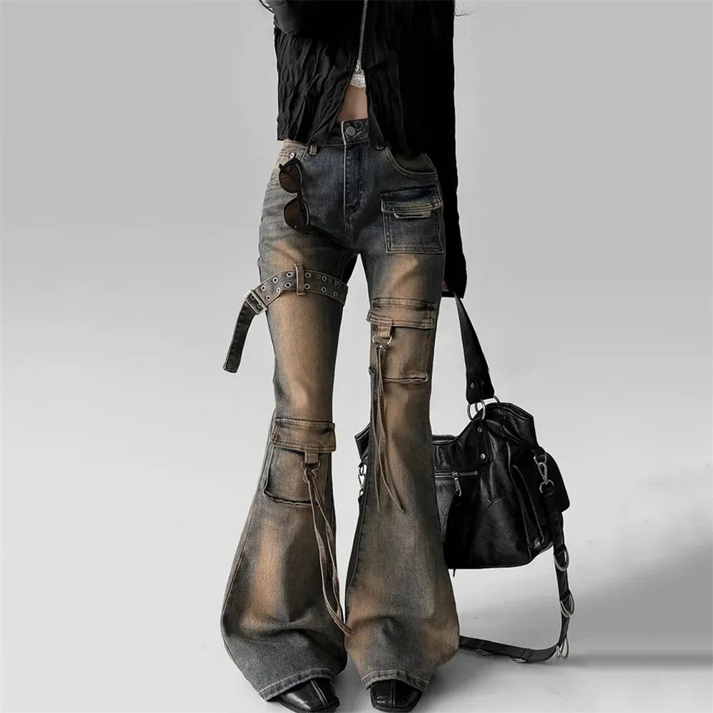 Women’s Low-Waist Cargo Flare Jeans | Y2K Vintage Distressed Belted Bootcut Pants