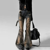 Women’s Low-Waist Cargo Flare Jeans | Y2K Vintage Distressed Belted Bootcut Pants