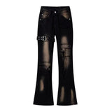 Women’s Low-Waist Cargo Flare Jeans | Y2K Vintage Distressed Belted Bootcut Pants
