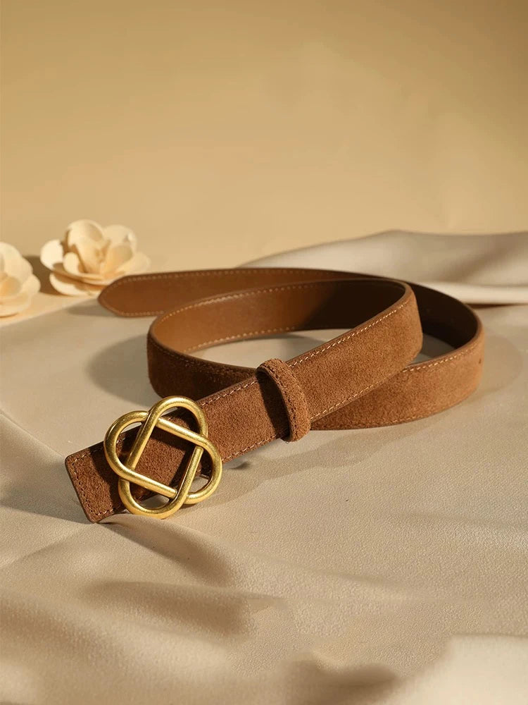 Damen-Wildleder-Rindledergürtel 2,8 cm – Vintage schmaler Gürtel mit Retro-Goldschnalle