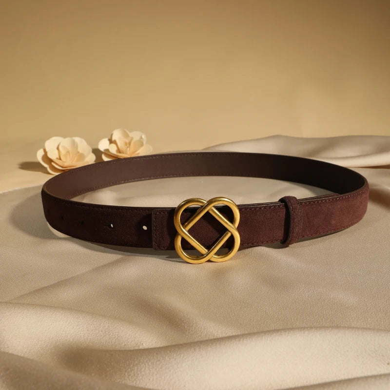 Damen-Wildleder-Rindledergürtel 2,8 cm – Vintage schmaler Gürtel mit Retro-Goldschnalle