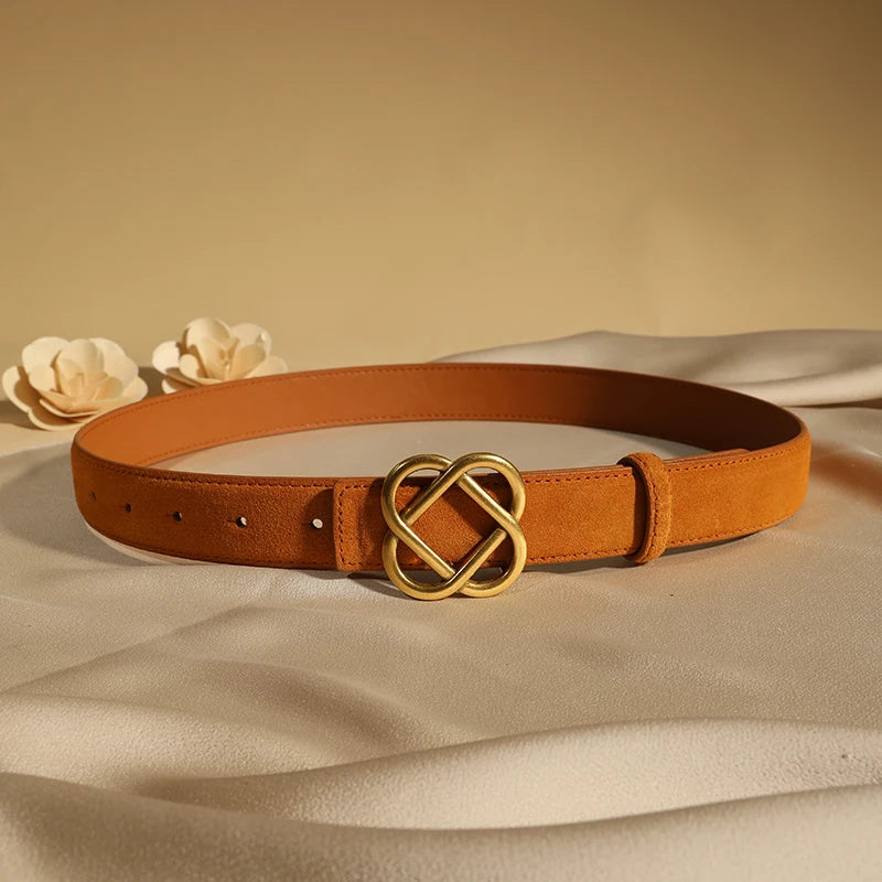 Damen-Wildleder-Rindledergürtel 2,8 cm – Vintage schmaler Gürtel mit Retro-Goldschnalle