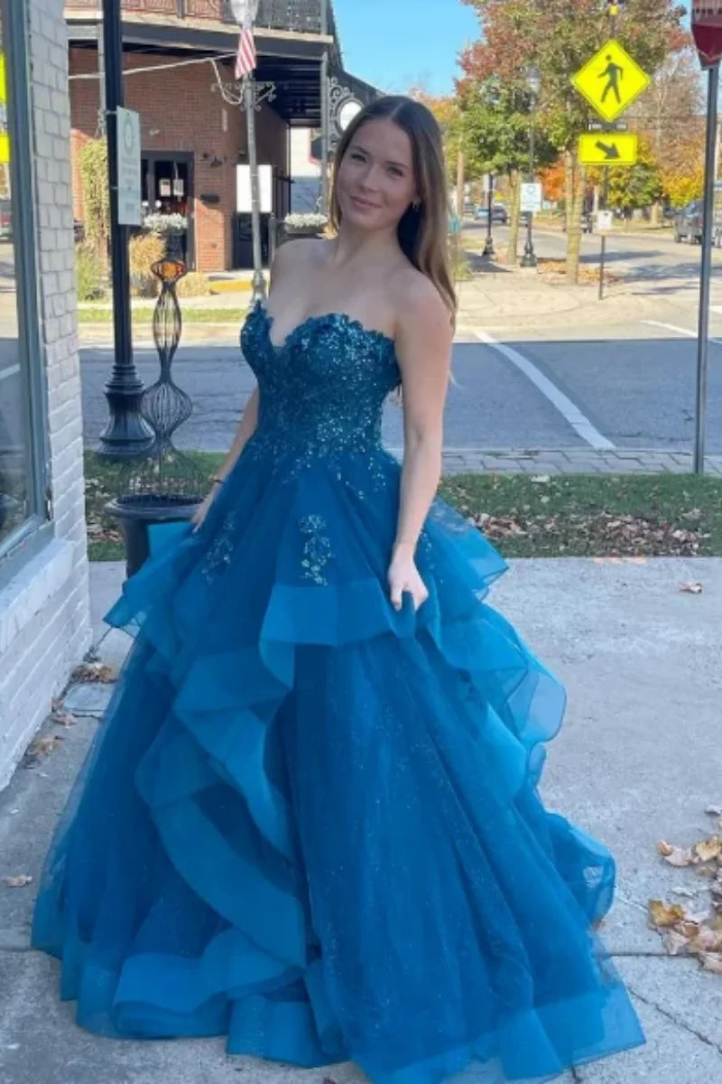 Glitzer-Spitzenstickerei-Ballkleid | Blaues Tüll-Rüschen-Abendkleid