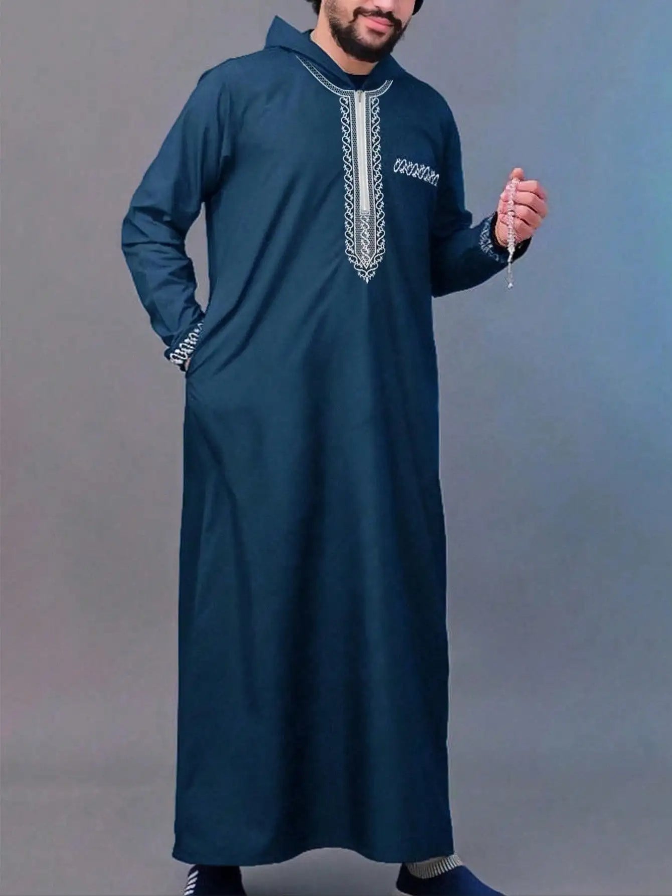 Luxuriöser bestickter Kapuzenbademantel für Herren – Langarm Muslimisches Thobe