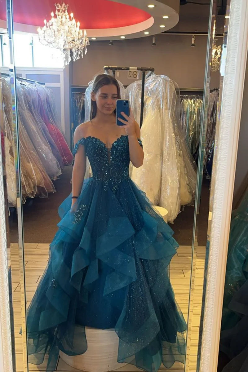 Glitzer-Spitzenstickerei-Ballkleid | Blaues Tüll-Rüschen-Abendkleid