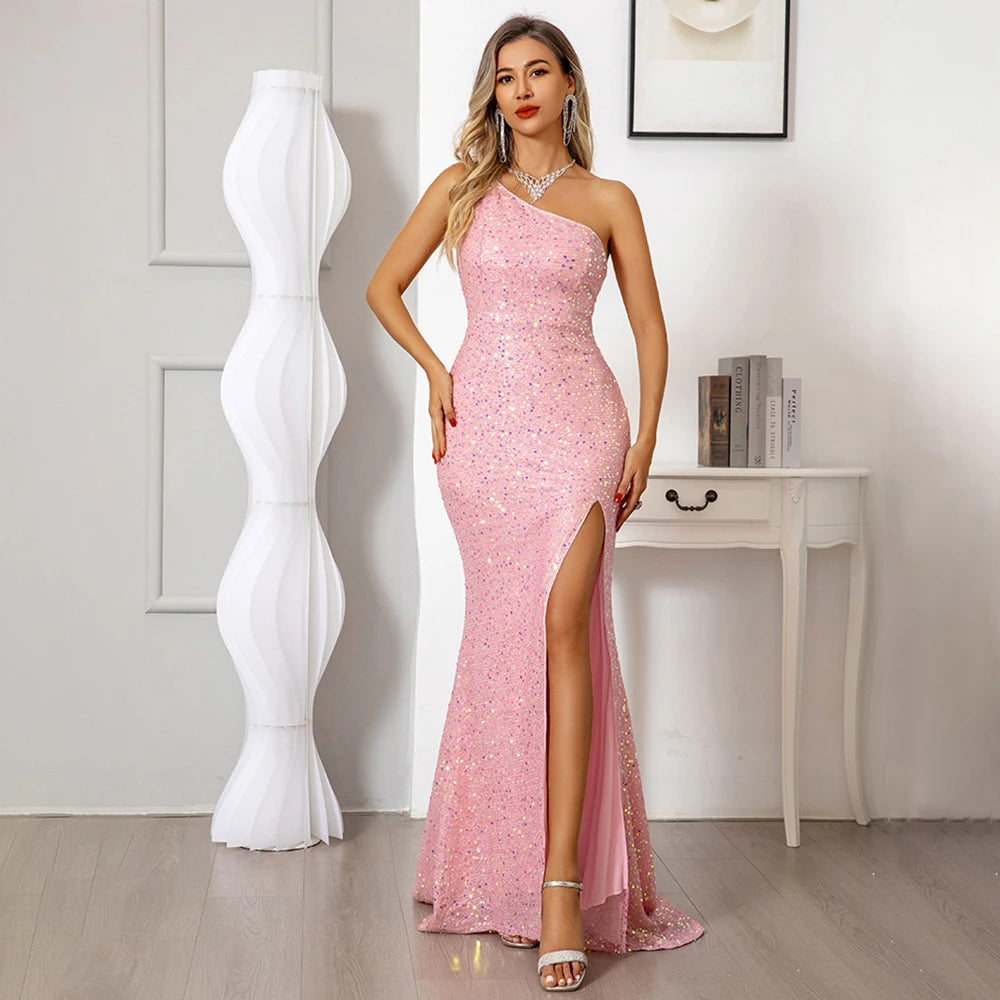 Elegantes, pinkes Pailletten-One-Shoulder Meerjungfrauenkleid für formelle Anlässe wie Abschlussball & Abendgarderobe
