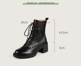 Damen Stiefeletten aus echtem Leder mit dickem Plateau-Absatz – Retro-Schnürstiefel mit runder Kappe