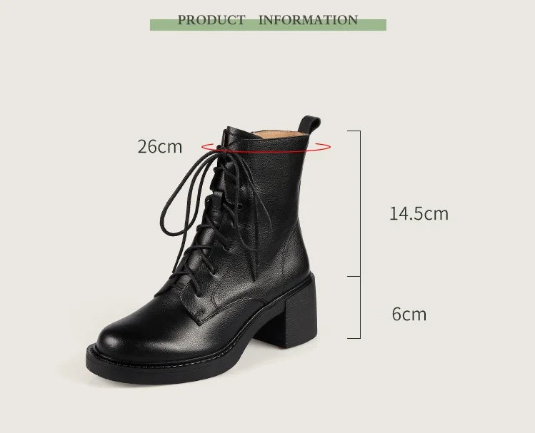 Damen Stiefeletten aus echtem Leder mit dickem Plateau-Absatz – Retro-Schnürstiefel mit runder Kappe