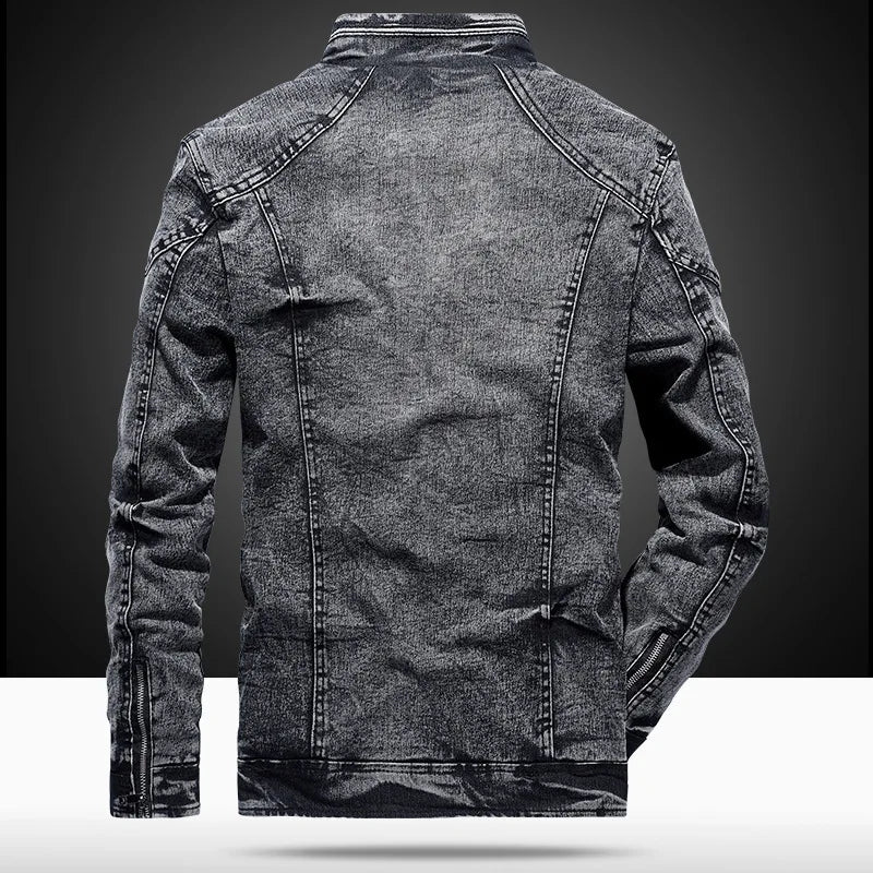 Men's Vintage Denim Bomber Jacket – Solid Casual Jeans Coat with Stand Collar