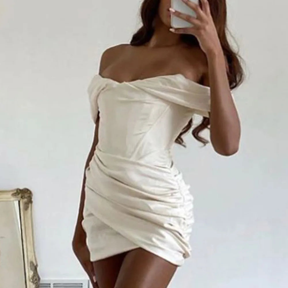 High-Quality Ivory Bodycon Satin Dress – Double Layer Mini Party Dress