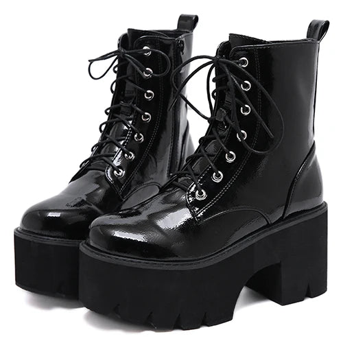 Women’s Gothic 8cm+ Chunky Wedge Patent Leather Platform Ankle Boots