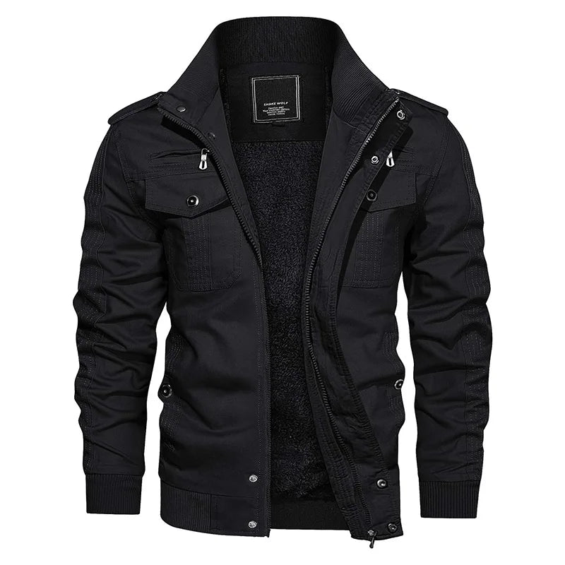 Men's Winter Fleece Bomber Jacket– Multi-Pocket Motorcycle Jacket with Stand Collar