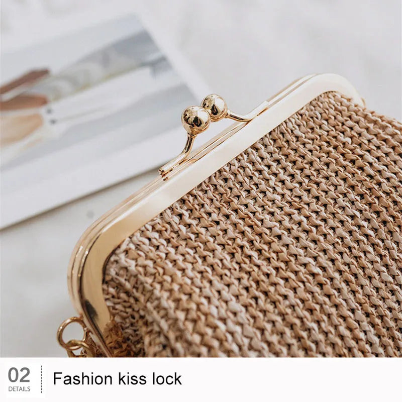Natural Rattan Boho Crossbody Bag | Small Straw Beach Messenger for Women