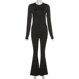 Sexy rückenfreier Overall mit weitem Bein – Einfarbiger Langarm O-Ausschnitt Bodycon Playsuit