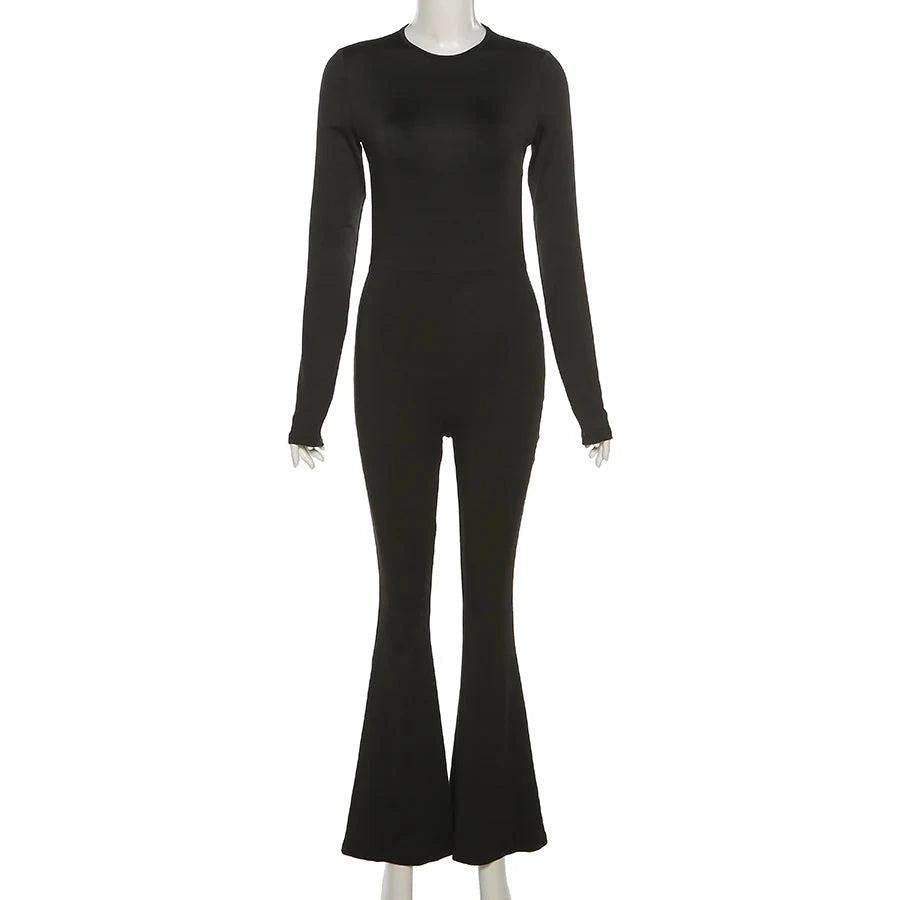 Sexy rückenfreier Overall mit weitem Bein – Einfarbiger Langarm O-Ausschnitt Bodycon Playsuit