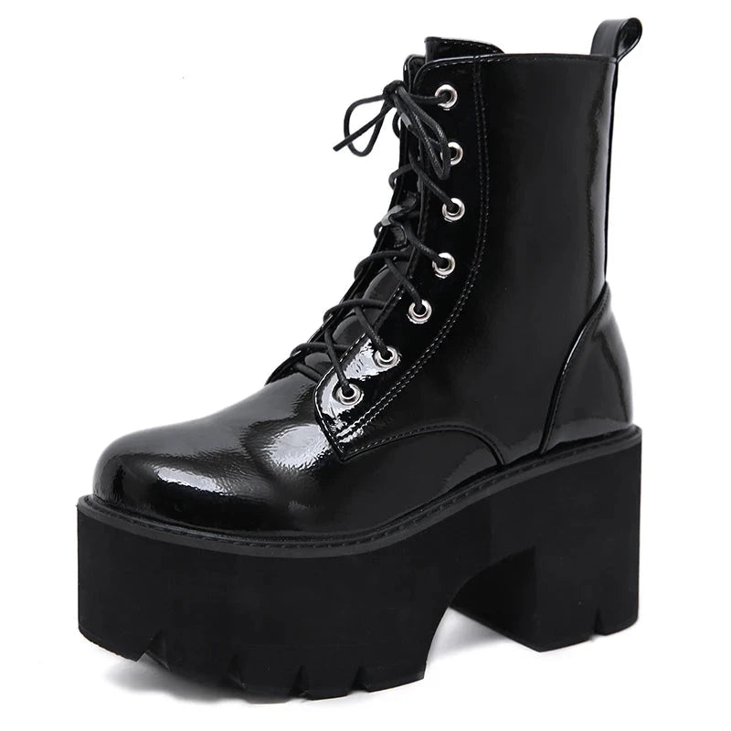 Women’s Gothic 8cm+ Chunky Wedge Patent Leather Platform Ankle Boots