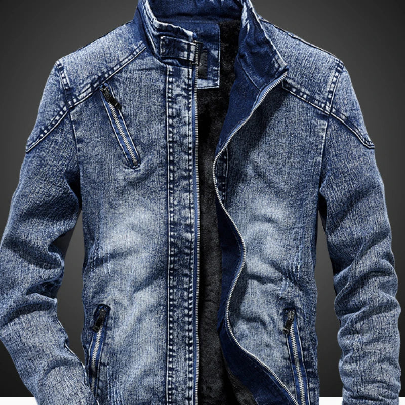 Men's Vintage Denim Bomber Jacket – Solid Casual Jeans Coat with Stand Collar