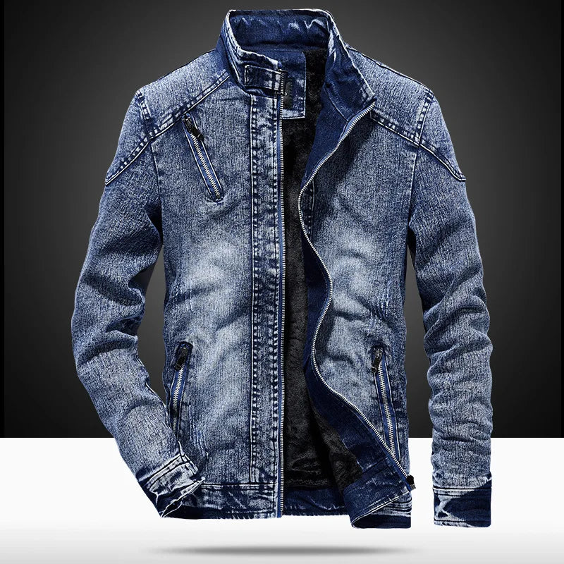 Men's Vintage Denim Bomber Jacket – Solid Casual Jeans Coat with Stand Collar