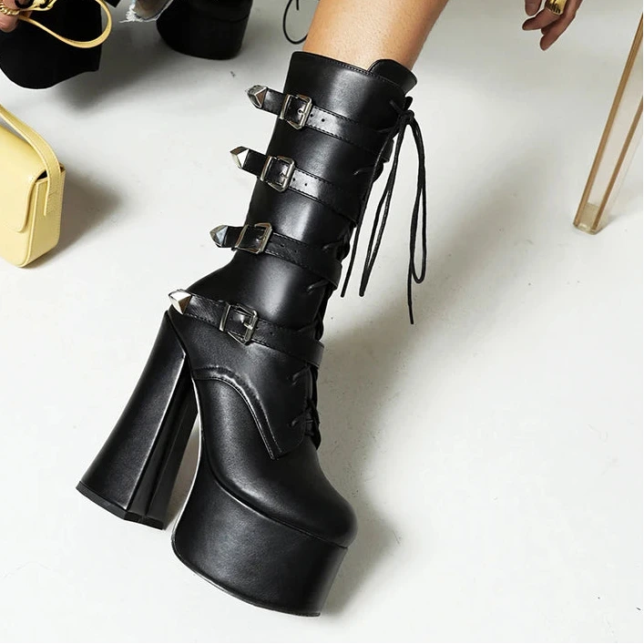 Women’s Patent Leather 15cm High Square Heel Chunky Platform Boots