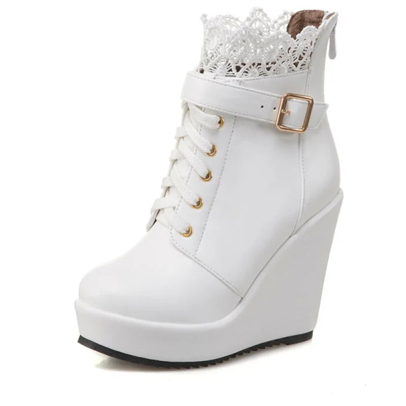 Women’s Lace Overlay Wedge Platform Ankle Boots