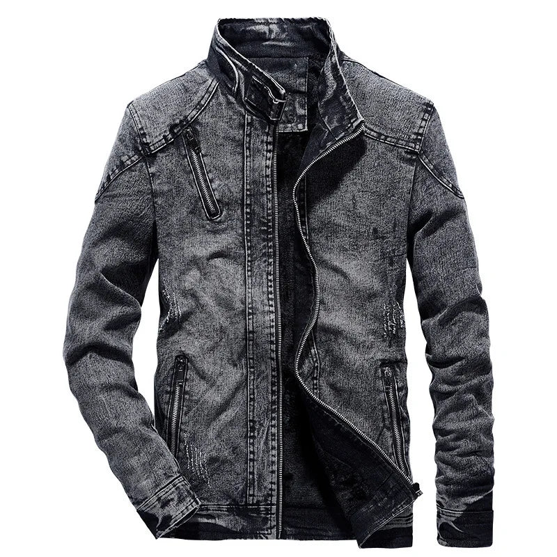 Men's Vintage Denim Bomber Jacket – Solid Casual Jeans Coat with Stand Collar