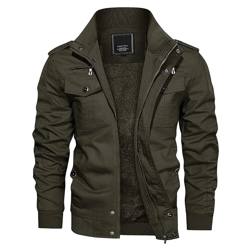 Men's Winter Fleece Bomber Jacket– Multi-Pocket Motorcycle Jacket with Stand Collar