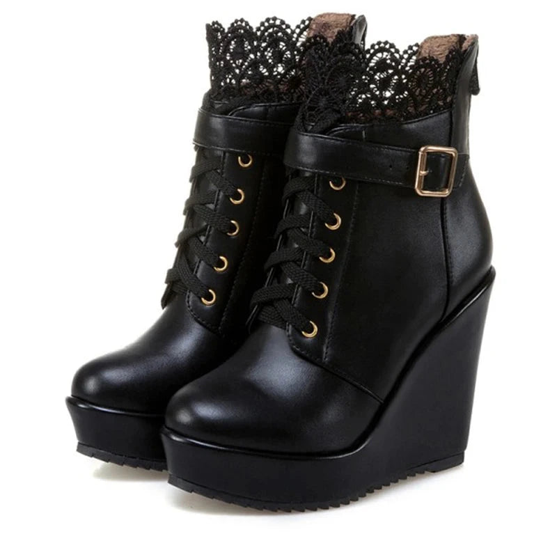 Women’s Lace Overlay Wedge Platform Ankle Boots