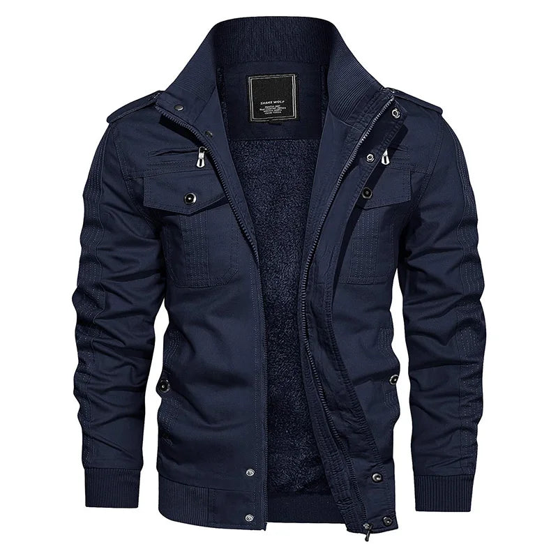Men's Winter Fleece Bomber Jacket– Multi-Pocket Motorcycle Jacket with Stand Collar