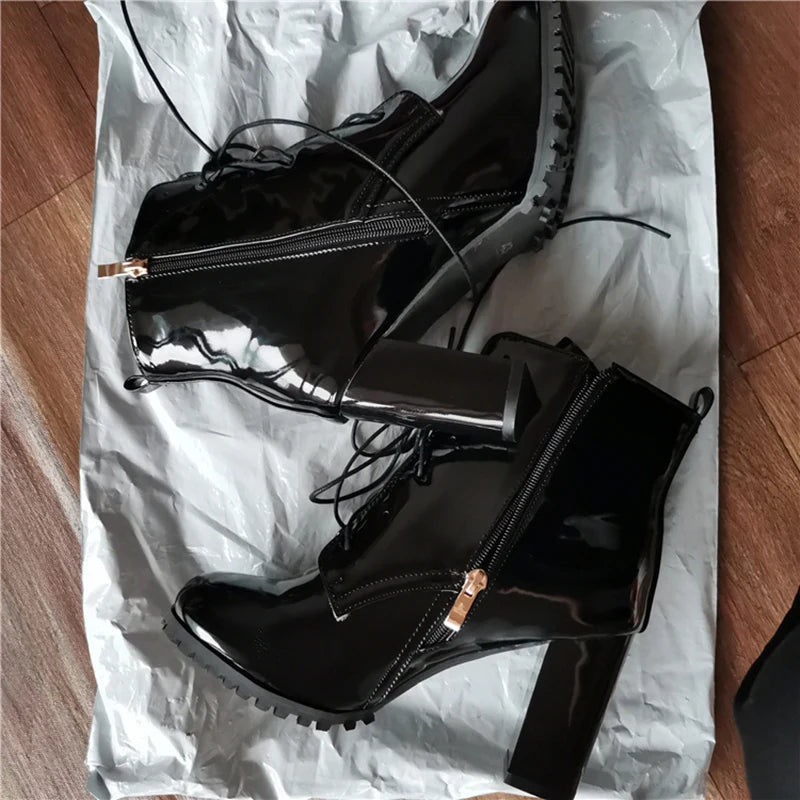 Women’s Patent Leather Ankle Boots – Winter Block High Heel Short Boots