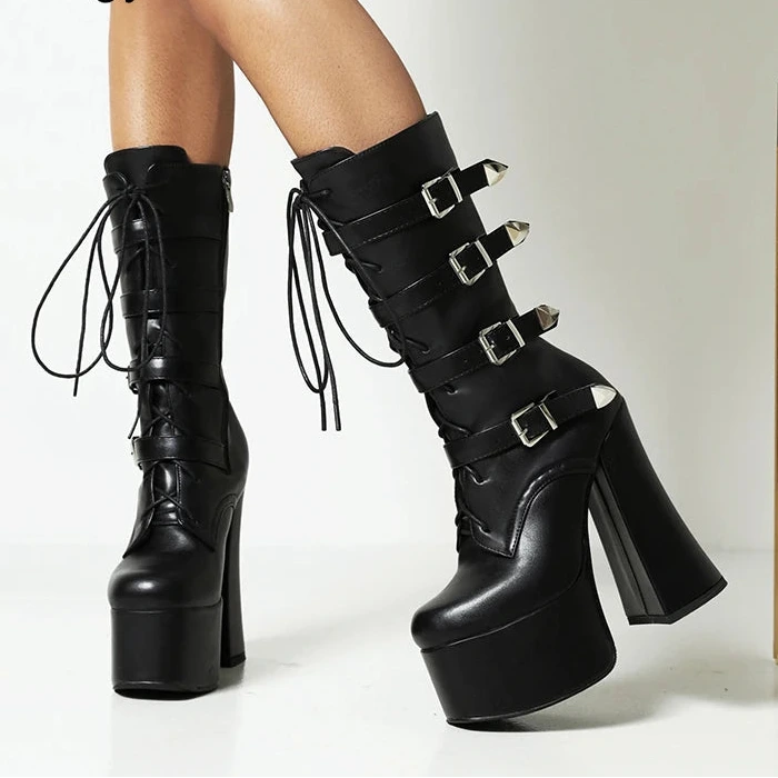 Women’s Patent Leather 15cm High Square Heel Chunky Platform Boots