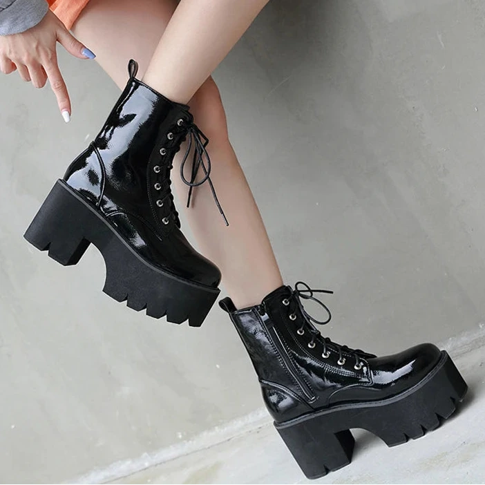 Women’s Gothic 8cm+ Chunky Wedge Patent Leather Platform Ankle Boots