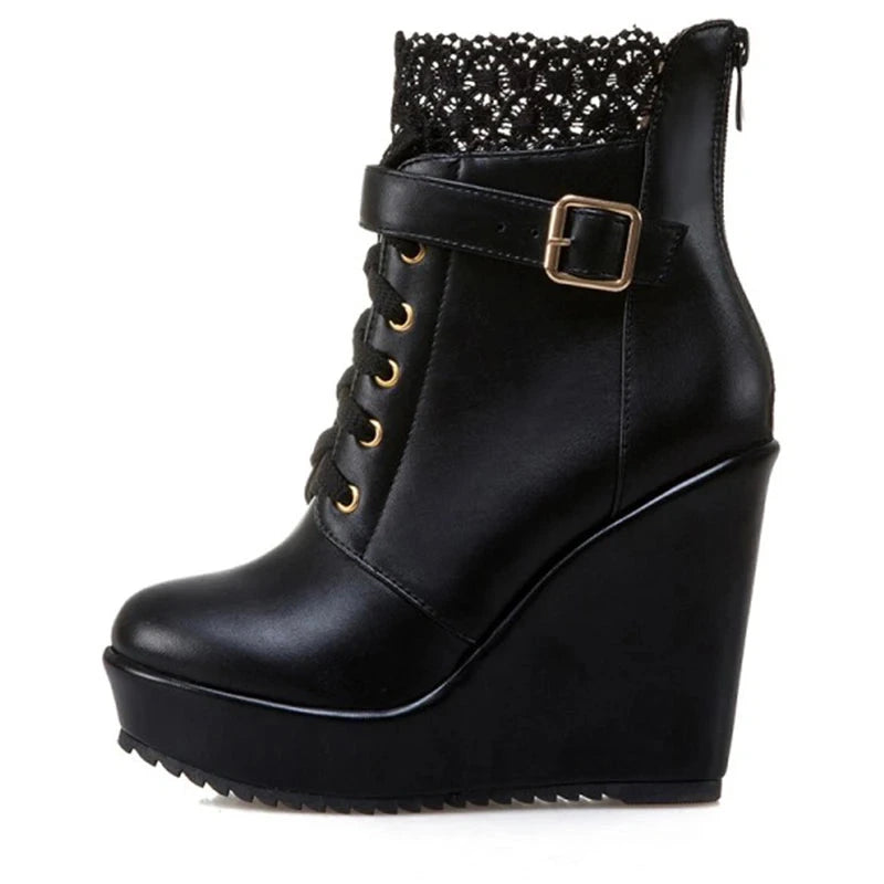 Women’s Lace Overlay Wedge Platform Ankle Boots