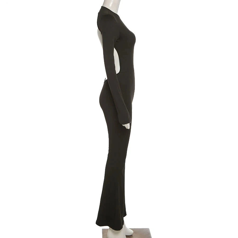Sexy rückenfreier Overall mit weitem Bein – Einfarbiger Langarm O-Ausschnitt Bodycon Playsuit