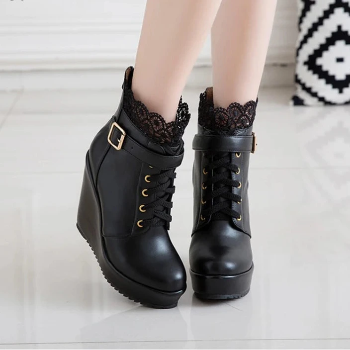 Women’s Lace Overlay Wedge Platform Ankle Boots
