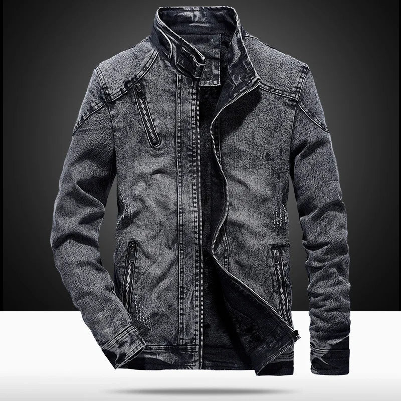 Men's Vintage Denim Bomber Jacket – Solid Casual Jeans Coat with Stand Collar