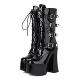 Women’s Patent Leather 15cm High Square Heel Chunky Platform Boots