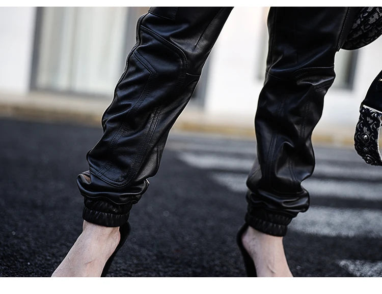Luxury Black Faux Leather Cargo Jumpsuit Women's Long Sleeve Zipper Designer Clothes