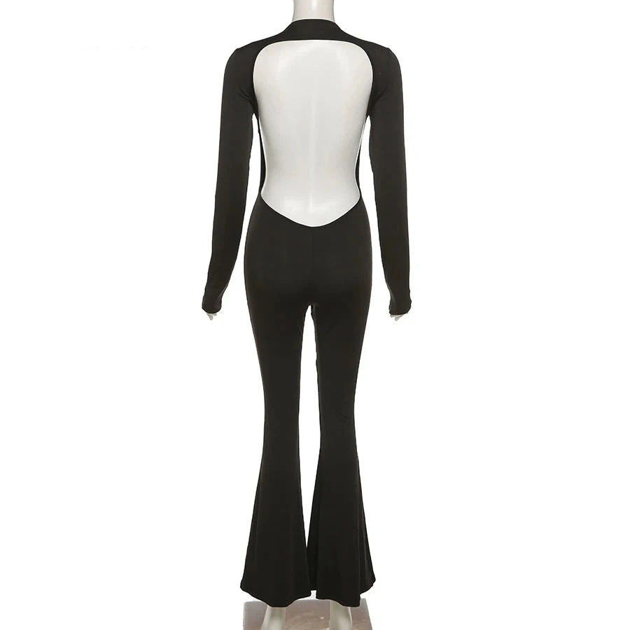 Sexy rückenfreier Overall mit weitem Bein – Einfarbiger Langarm O-Ausschnitt Bodycon Playsuit