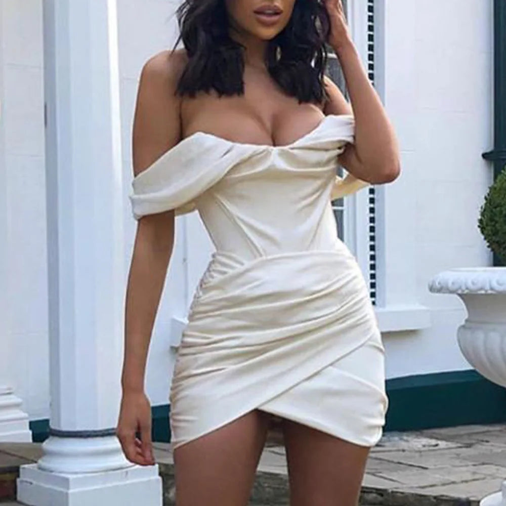 High-Quality Ivory Bodycon Satin Dress – Double Layer Mini Party Dress