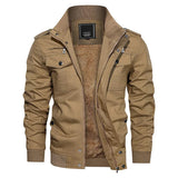 Men's Winter Fleece Bomber Jacket– Multi-Pocket Motorcycle Jacket with Stand Collar