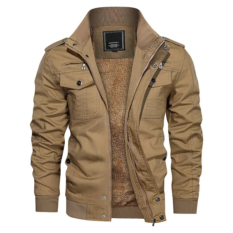 Men's Winter Fleece Bomber Jacket– Multi-Pocket Motorcycle Jacket with Stand Collar