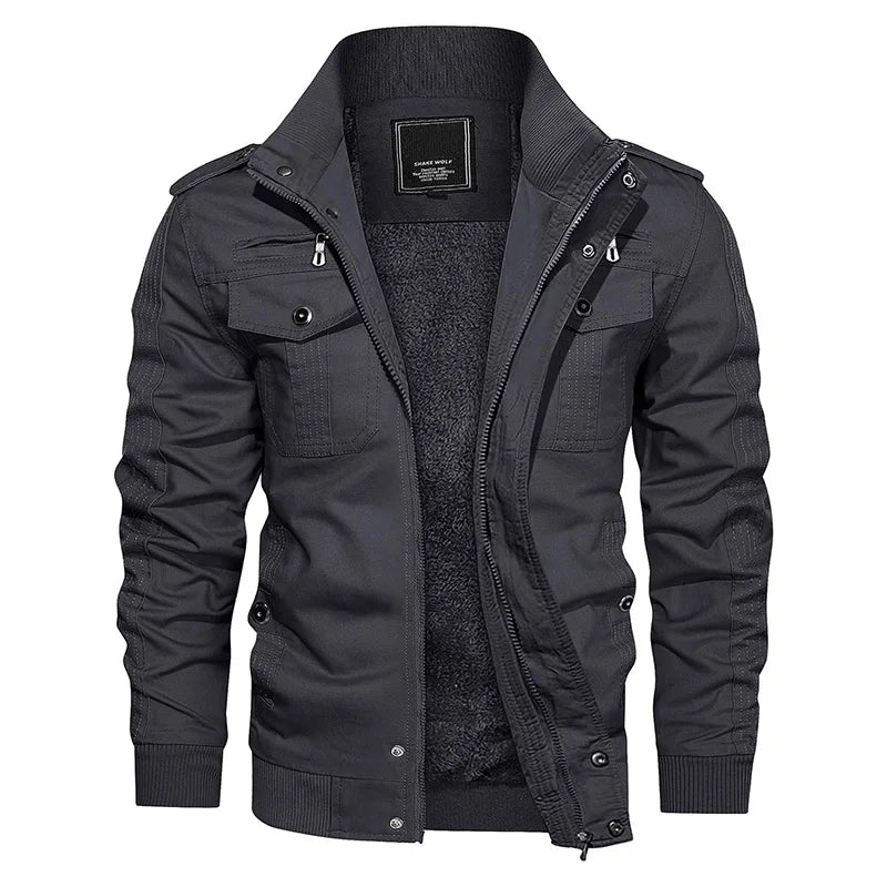 Men's Winter Fleece Bomber Jacket– Multi-Pocket Motorcycle Jacket with Stand Collar