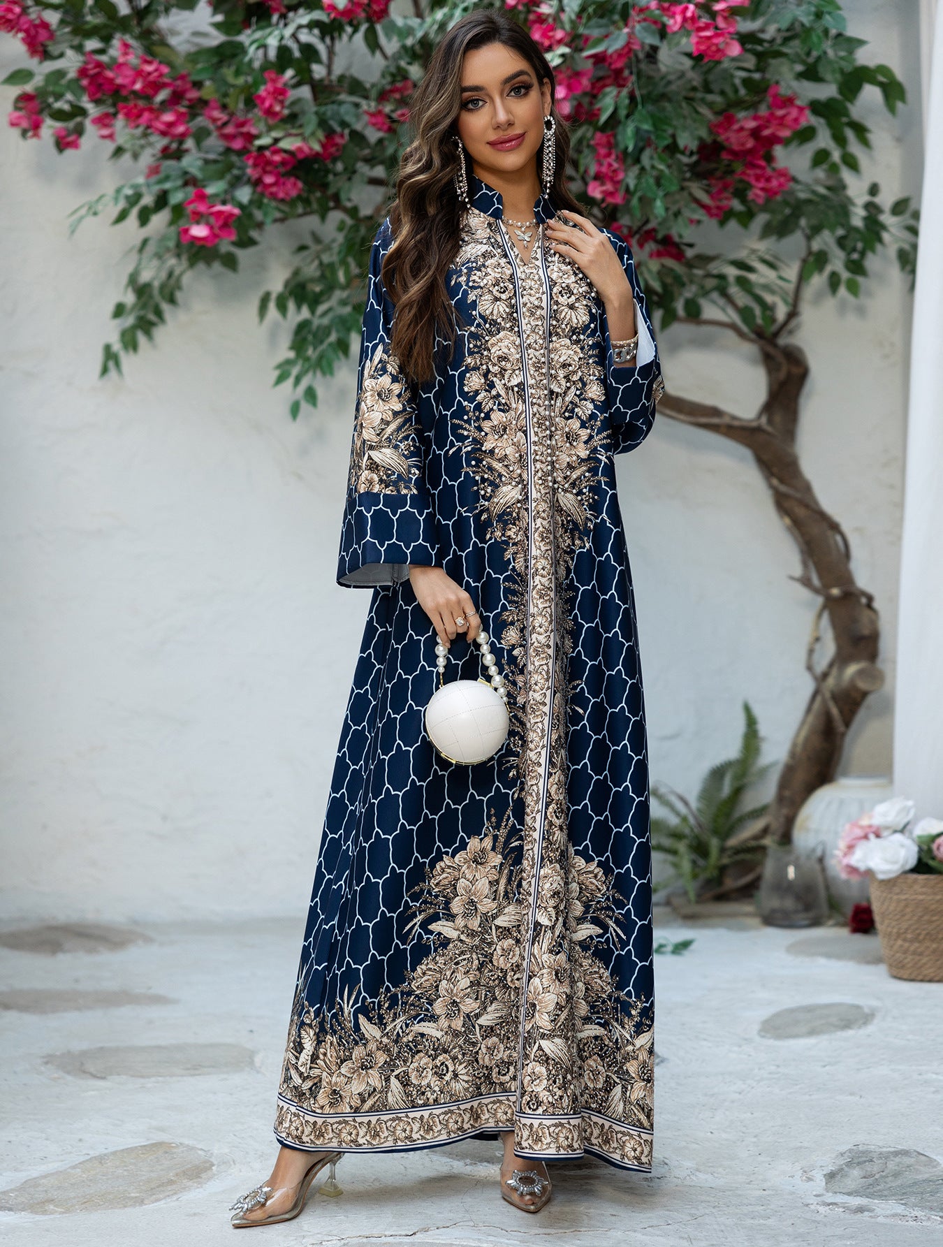 The "Mosaic Diamond" Gown – Signature Printed Dubai Abaya – Boutique Morocco Style Kaftan