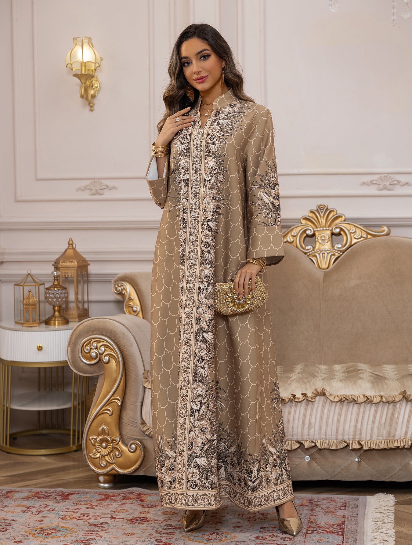 The "Mosaic Diamond" Gown – Signature Printed Dubai Abaya – Boutique Morocco Style Kaftan